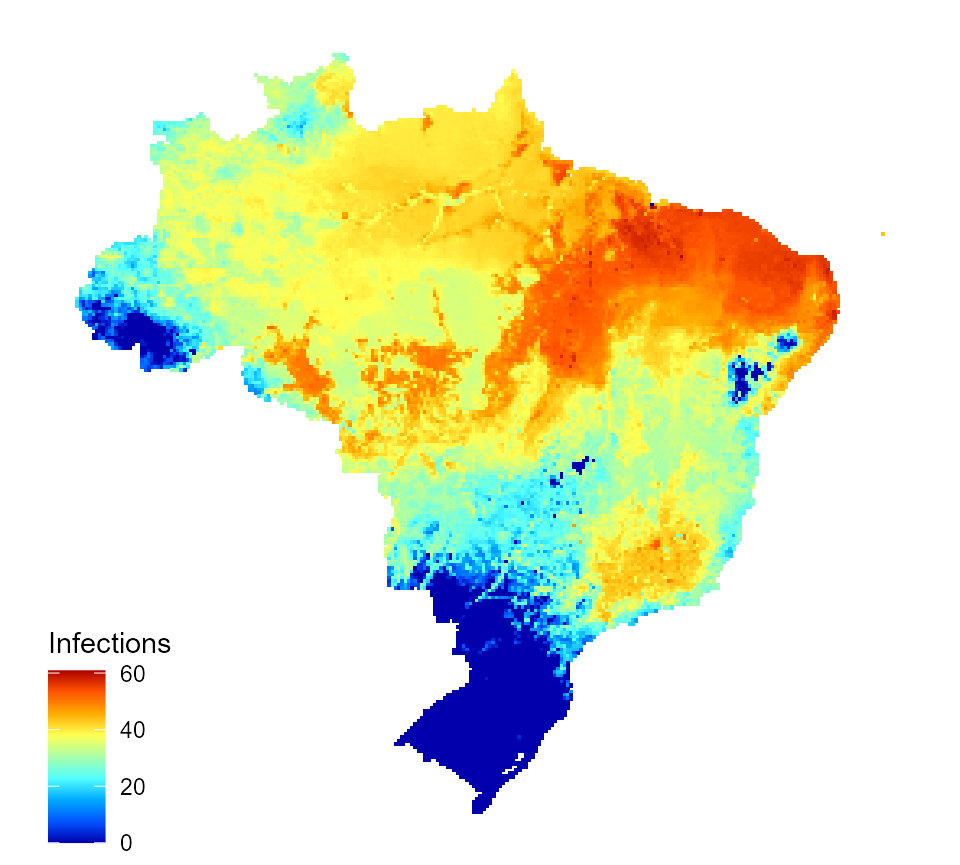 Predicted incidence of annual dengue infections for Brazil following application of an intervention with 30% transmission reduction effect