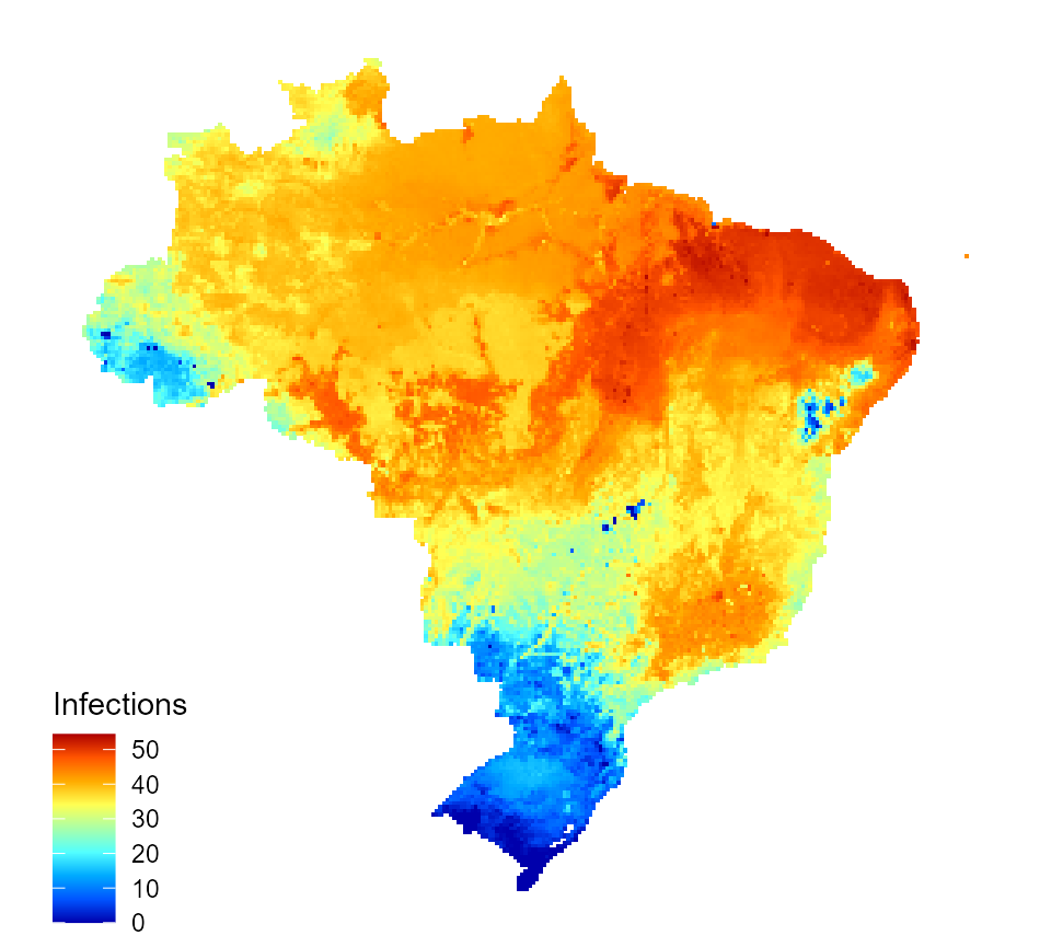 Predicted incidence of annual dengue infections for Brazil following vaccination of 9 years olds  (80% vaccine coverage)